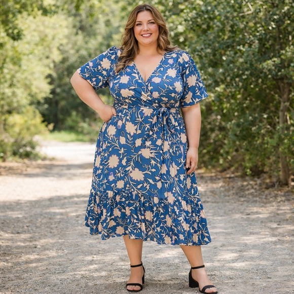 Knox Rose Dresses & Skirts - Knox Rose Blue Floral Wrap Midi Dress XXL Short Sleeve Tassel Tiered Ruffle Boho